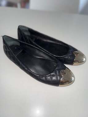 Tory Burch Black Quilted Leather Metal Toe Cap Ballet Flats Size 8M